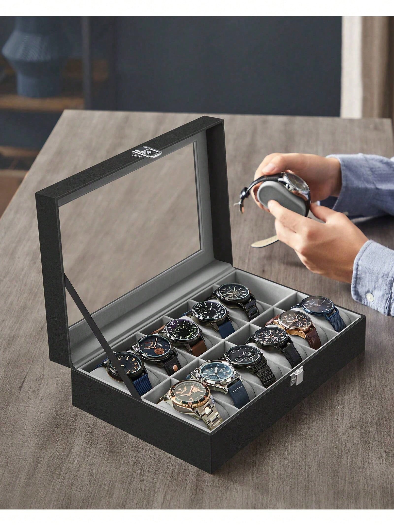 12-Slot Lockable Watch Box wit - Glass Cabinet Display ulasan dan harga